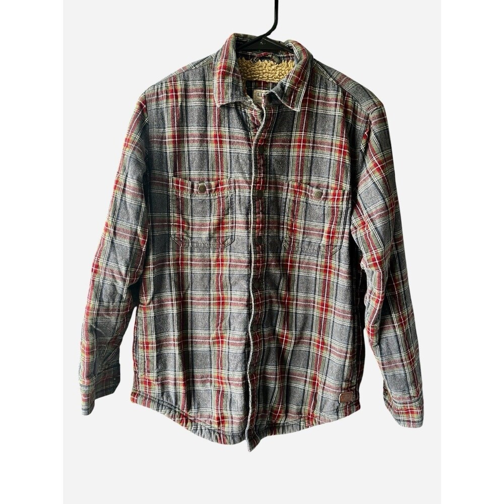 LL Bean Gray Scotch Plaid Button Shirt Jacket Sherpa Lined, Preppy Workwear S